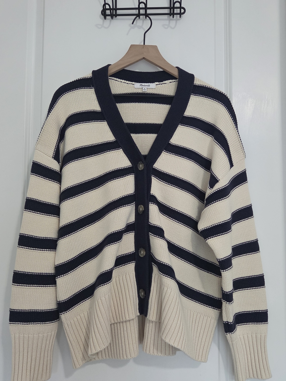 Madewell Cream and Navy Striped V-Neck Button Cardigan